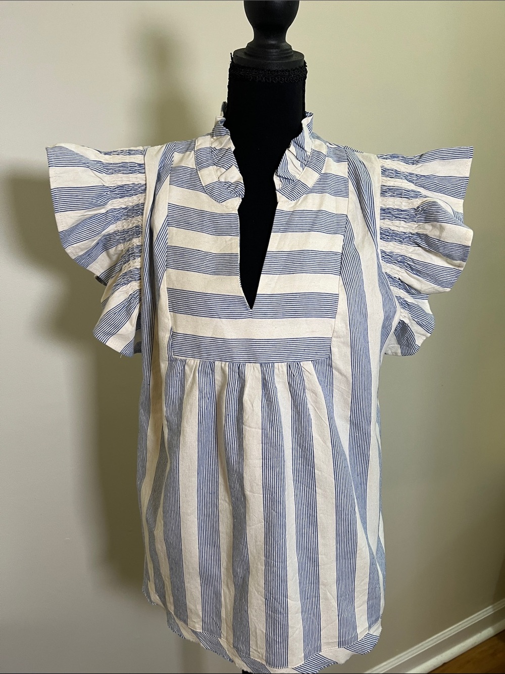 Umgee Blue & White Striped Flutter Sleeve Blouse